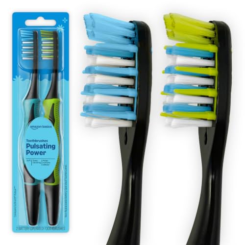 Amazon Basics Soft Toothbrushes for Adults - Pulsating Deep Cleaning with Soft Bristles, 2 Count, Assorted Colors, Packaging May Vary