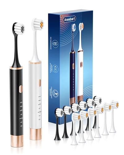 Aneebart Sonic 2 Pack Electric Toothbrush for Adults, Travel Toothbrush Includes 12 Replacement Toothbrush Heads, 6 Modes with 2 MIN Smart Timer (Black White)