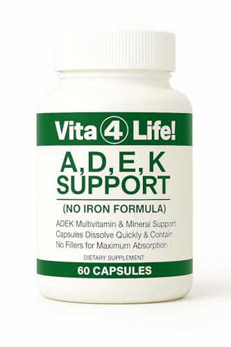 Vita4Life!® ADEK Fat Soluble Vitamins A D E K - High Absorption Bariatric Multivitamin - No Iron Formula with B-Complex & Calcium - 60 Fast Dissolving Capsules for Post Surgery & General Health
