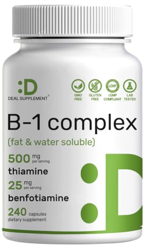 DEAL SUPPLEMENT Vitamin B1 500mg with Benfotiamine, 240 Capsules – 2 in 1 Enhanced Formula – Fat & Water Soluble Thiamine B1 Supplement – Third Party Tested, Non-GMO, No Gluten