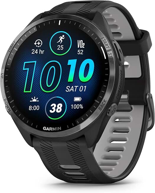 Garmin Forerunner 965 smartwatch on a runner’s wrist in black and powder gray