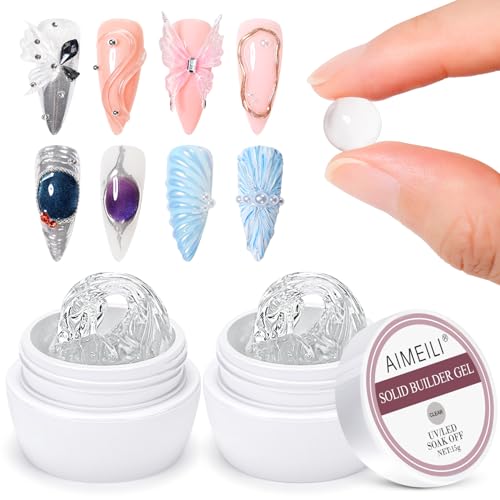 AIMEILI Hema Free Solid Builder Nail Gel 2pcs, Cruelty Free, Vegan, Clear Hard Gel for Nails 3D Sculpting Gels Non-Sticky Hand Carving Glue Extension
