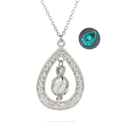 EEQQBZ Glow in The Dark Silver Teardrop shape necklace,Fantasy Glowing Jewelry Charm (silver-Blue Green)