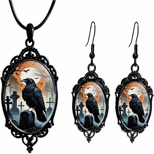 Gothic Halloween Earring Necklace Set for Women,Vintage Crow Bat Vampire Glass Pendent Necklace Punk Style Raven Witch Cameo Dangle Earrings Wicked Victorian Halloween Costume Accessories Jewelry (White Raven)