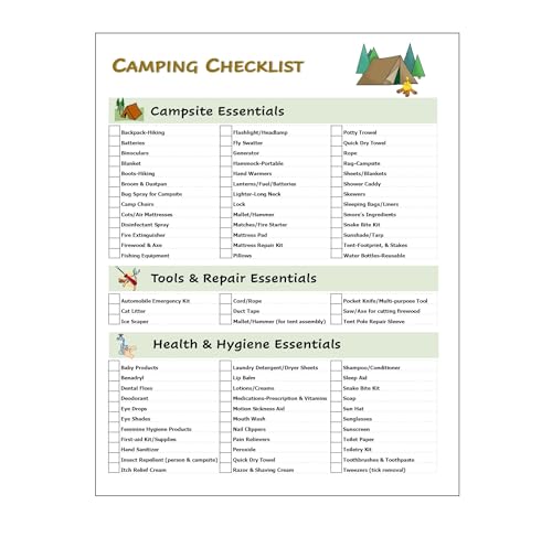Ultimate Camping Hiking Gear Accessories Equipment Checklist -Laminated & Double Sided - Never Forget Packing Items