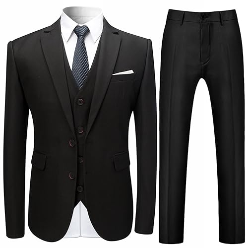 Mens Stylish 3 Piece Dress Suit Classic Fit Wedding Formal Jacket & Vest & Pants, Black, X-Large