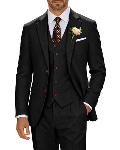 High-End Suits Retro Slim Fit Black Men's Linen 3 Piece Suit Formal Casual Suit for Business Wedding Guest Prom Daily Wear Summer XXL