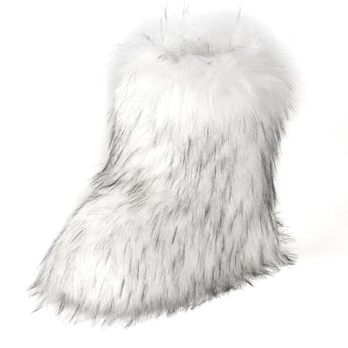 qenqenr Fashion Fur Boots,Flat Heel Comfy Plush Warm Snow Booties,2025 Winter Outdoors Furry Boots,Mid-Calf Faux fur Boot for Women.