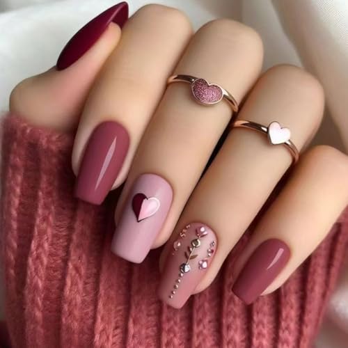 Valentines Press On Nails Medium Square - Valentines Nails Press Ons Cute Girls Fake Nails with Heart&Diamond Glossy Simple Design, Acrylic Artificial Stick On Nails for Women