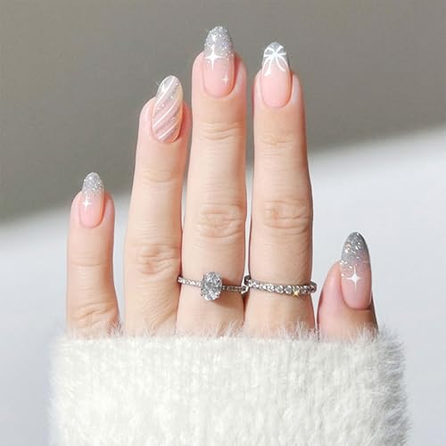 Christmas-themed Press on nails Short almond Fake Nails Glitter French Tip Nails Press Ons with Bow Stripes Designs Stick on Nail Holiday Acrylic Nails Full Cover Glue on Nail for Women 24PCS