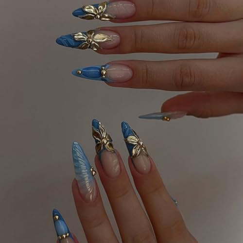 Almond Press on Nails Blue French Tip Fake Nails with Gold 3D Flower Water Ripple Designs Full Cover Acrylic Nail False Nails Long Glossy Stick on Nails for Women Girls Manicure Decor 24 Pcs