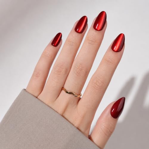 Red Cat Eye Press On Nails, Short Almond Glossy Reusable Nail Kit, 32 Count