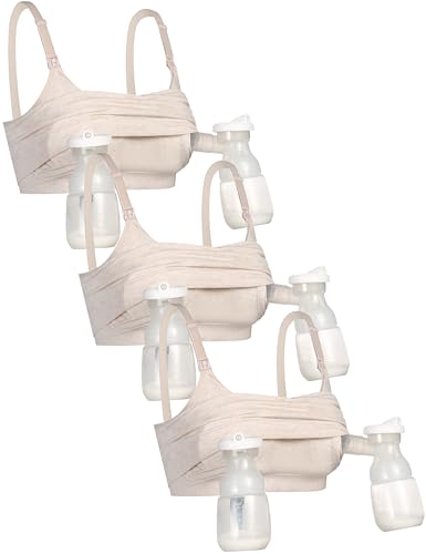 GXXGE 3Pack Hands Free Pumping Bra, Adjustable Pumping & Nursing Bra with EasyClip for All Breast Pumps Cotton Sleep Bra 3 Beige Large
