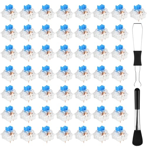 Deftomo 50 Pcs Blue Keyboard Switches, 3-Pin Clicky Tactile Mechanical Keyboard Switches, Complete DIY Replacement Kit with Switch Puller & Brush