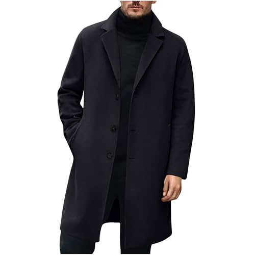 FOCLMP Trench Coat Men Wool Single Breasted Notched Lapel Collar Pea Coat Winter Fall Warm Business Mid Long Outwear Overcoat mens fall fashion jacket Black 2XL