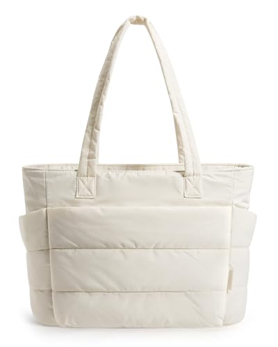 BAGSMART Tote Bag for Women, Lightweight Puffy Tote Bag with Compartments Shoulder Bag Handbag for Travel, Work, Gym (Light Beige, Standard Size)