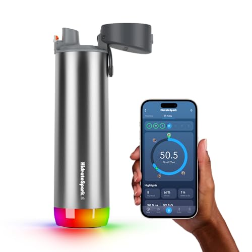 Hidrate Spark PRO Smart Water Bottle - Tracks Water Intake & Glows to Remind You to Stay Hydrated, Chug & Straw lid, 21oz (Brushed)