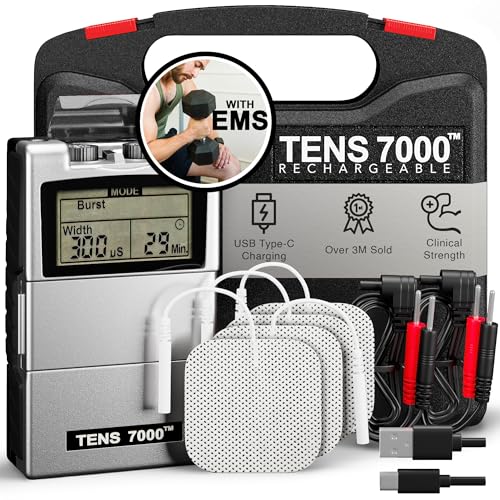 TENS 7000 Rechargeable Tens Unit Muscle Stimulator, EMS Muscle Stimulator, Back Pain Relief, 4 Electrodes/Unit Pads, Period Pain Simulator, Muscle Recovery & Growth, Stim Machine, Electrotherapy
