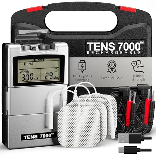 TENS 7000 Rechargeable Tens Unit Muscle Stimulator, Back Pain Relief, 4 Electrodes/Unit Pads, Period Pain Simulator, Muscle Recovery & Growth, Stim Machine, Electrotherapy, TENS Machine