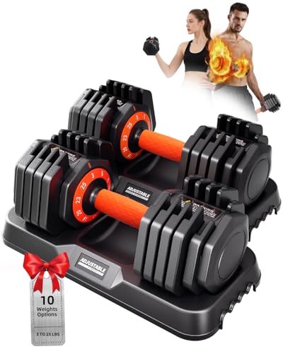 2026 Upgrade Adjustable Dumbbell Set 25lb/55lb, Small Increment in 3-6lb, 1 Hand Quick-Dial, 10-in-1 Adjustable Dumbbells with Tray, Anti-Slip Grip for Home Gym HIIT Strength Training