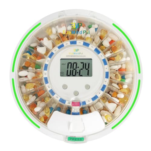 EziMedPil Automatic Pill Dispenser with Alarm for the Elderly | 28-Day Clear Lid & LCD Display Monitoring Pill Organizer with Sound-Light Reminders, 6 Daily Alarms & Lock Design for Pills