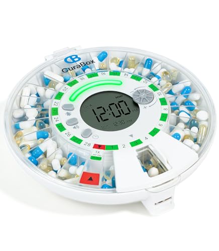 CB CuraBox 28-Day Automatic Pill Dispenser for Elderly with Alarm, Key Lock, Light Alerts, Moisture-Proof, Clear LCD Display, 8 Dosage Rings, Removable Tray, Smart Medication Organizer for Seniors
