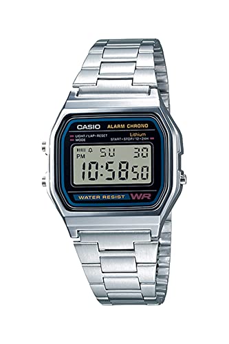 Casio A158WA Series | Unisex Digital Watch | Silver/Black | Vintage | WR | 100 SEC Stop Watch | Daily Alarm | Regular Time Keeping: Hour, Minute, Second, PM, Date, Day | Led Light | 7 Yr Battery