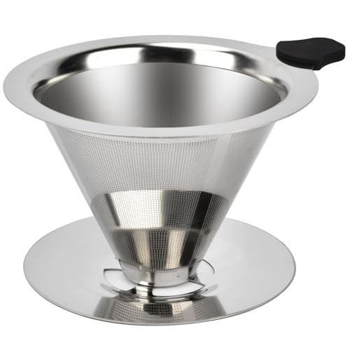 NKOVE Pour Over Coffee Dripper Stainless Steel Reusable Filter Paperless Cone Coffee Maker Dripper for 1-2 Cup, Dual-Layer Filter Design Non-Slip Silicone Grips, Bonus Cleaning Brush & Cloth