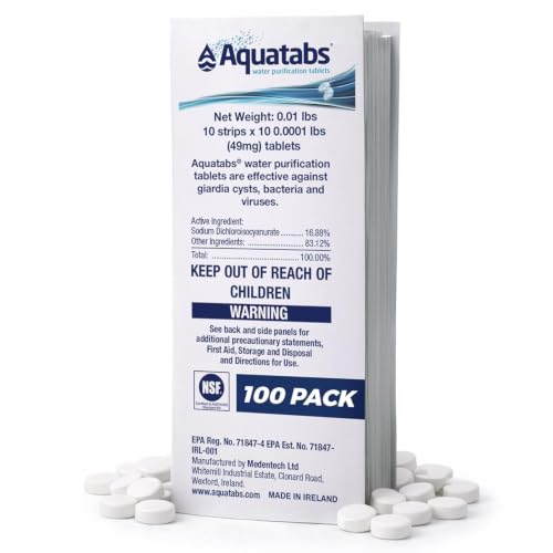 Aquatabs 49mg Water Purification Tablets (100 Pack). Water Filtration System for Hiking, Backpacking, Camping, Emergencies, Survival, and Home-Use. Easy to Use Treatment and Disinfection.