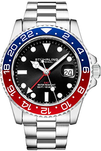 Stuhrling Original Men's Stainless Steel GMT Watch Quartz - 42mm Quartz Analog Wrist Watch for Men, Mens Quartz Watch, Stainless Steel Case, Casual Work Watch, Water Resistant Watch