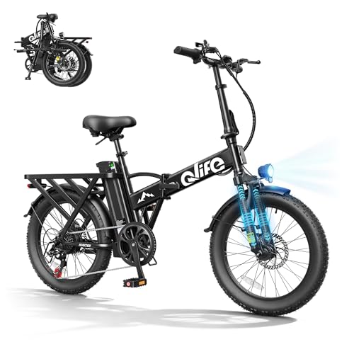 Qlife Hunter Foldable Electric Bike for Adults, Peak 1200W Ebike with 48V 13.5Ah Battery, 65-Mile Range, Heavy-Duty Rear Rack, 20-Inch Fat Tires, Folding E Bike for Commuting & Outdoor Use, Black