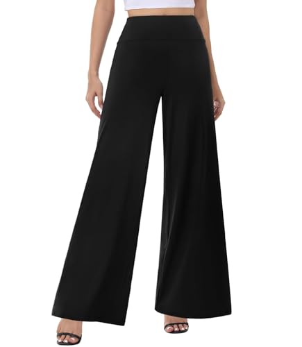 ZOOSIXX Palazzo Pants for Women - Gaucho Wide Leg Pants for Women Flowy High Waist Casual Beach Lounge Dress Pants Loose Comfy Bottoms Stretchy Baggy Trousers for Teachers Work Black