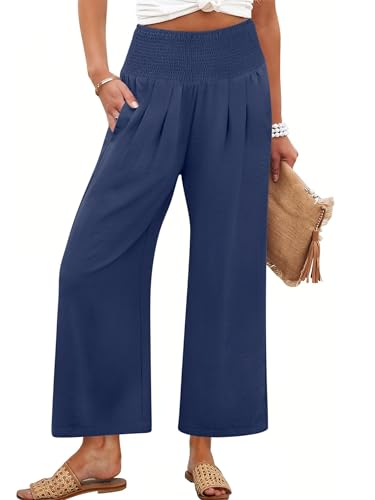 ANRABESS Womens Wide Leg Palazzo Pants with Pockets,Navy Blue,M