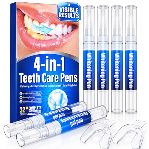 Teeth Whitening Pen Kit - 35% Carbamide Peroxide, Stain Removal, 4 Whitening Pens + 2 Remineralizing Pens, Enamel Repair, Anti-Cavity, Sensitive Teeth Care, 6 x 0.14 fl oz(Mint)