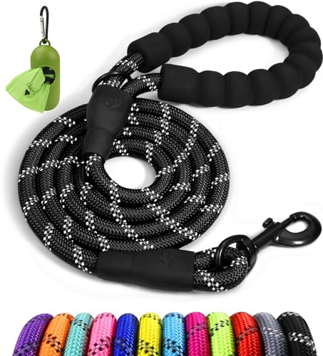 Taglory Rope Dog Leash 6 FT mit bequem gepolstertem Griff, stark reflektierenden Fäden und Anti-Tangle-Clip zum Spazierengehen mit mittelgroßen und großen Hunden, 1/2 inch, Black