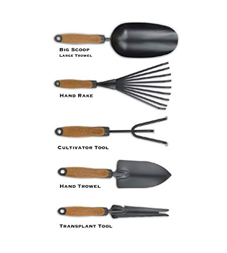Olmsted Forge 5-Piece Garden Tool Set displayed on a workbench with cork handles