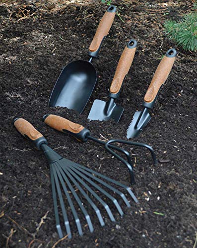 Close-up of Olmsted Forge hand tools showing powder-coated steel and cork handles