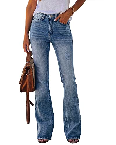 Koinshha Womens High Waisted Jeans Flare Stretch Boyfriend Bootcut Casual Denim Pants Light Blue