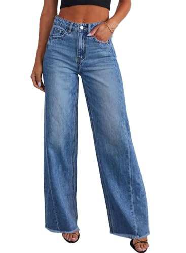 Sidefeel Women's Wide Leg Jeans High Waisted Stretchy Raw Hem Denim Pants Size 8 Blue
