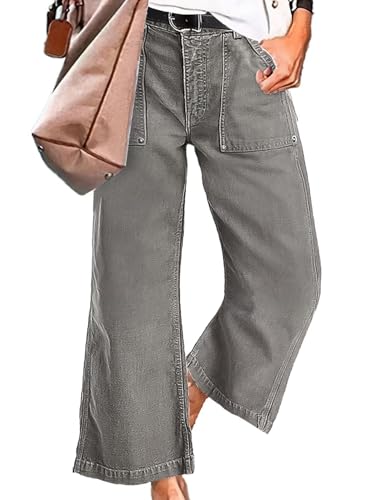 Flamingals Straight Wide Leg Mid Waisted Casual Raw Jeans for Women Gray S