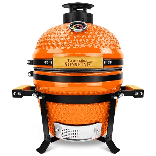 Upgraded 13 inch Ceramic Kamado Grill with Waterproof Air Vent Cap | Portable Tabletop Charcoal BBQ Grill Smoker for Outdoor Cooking, Patio, Camping | Orange