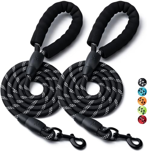 2 Pack Dog Leash, laisses pour animaux en corde nylon robustes 4/5//6 FT avec poignée rembourrée confortable, laisses réfléchissantes pour chiens petits, moyens et grands (5FT-1/2,Black/Black)