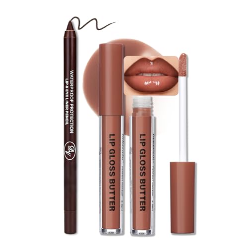 2PCS Lip Gloss with Brown Lip Liner Lip Combo Set – Caramel Latte Soft Brown Nude Shade for Chic Daily Makeup, Lip Plumping Effect, High Shine Gloss Finish, Overlined Lips for Fuller Looking Lips