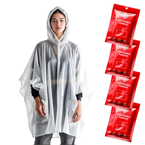 ZENO Disposable Rain Ponchos for Adults - Clear with Hood, Compact Emergency Ponchos for Hiking, Camping, Travel - Pack of 4 - Red Rush Edition