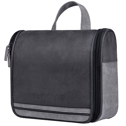 VACNASE Hanging Toiletry Bag for Men Vintage Leather Shaving Dopp Kit Medium Waterproof Travel Bathroom Bags Portable Shower Organizer