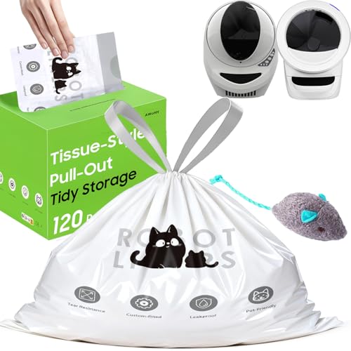 AWoHH 120 Tidy Draw-Pack Automatic Litter Box Bags Cat Litter Box Robot Model 5/4/3 Waste Bags, Tear-free, Sensor-compatible, Thick Heavy Duty Cat Litter Box Liner Bags 25.2 x 15.7 IN