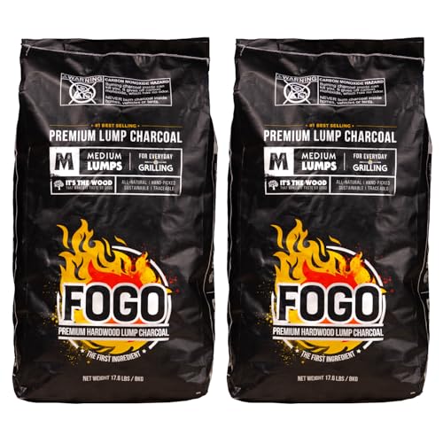 FOGO Premium Hardwood Lump Charcoal, Natural, Medium Sized Lump Charcoal for Grilling and Smoking, Restaurant Quality, 17.6 Pound Bag, 2-Pack