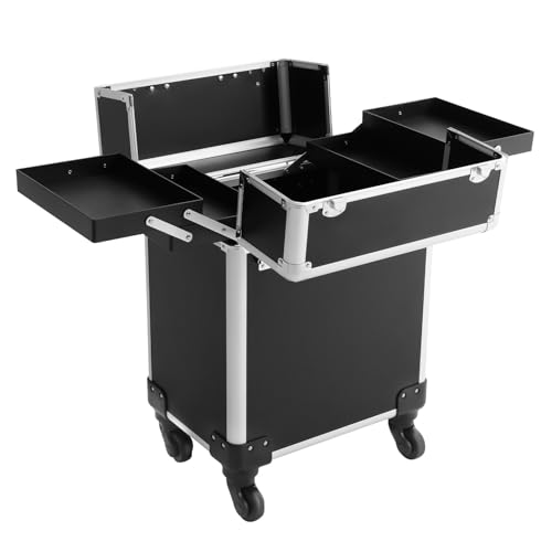 Black Rolling Makeup Train Case, Professional Aluminum Alloy Cosmetic Trolley with Wheels and Retractable Handle, Lockable Storage with Organizer Trays for Makeup Artists, Hair Styling, Travel