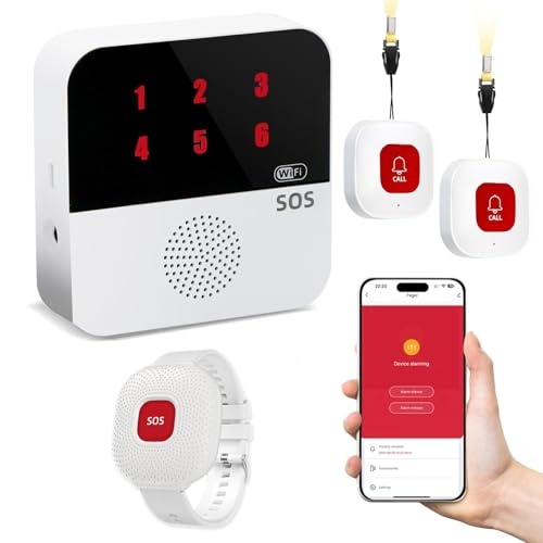 Life Alert Systems for Seniors No Monthly Fee App-Controlled, Medical Alert Systems for Seniors with 2Call Button1Waterproof Wristband 1Receiver and1-6 LED Number Display (Only Supports 2.4GHz Wi-Fi)