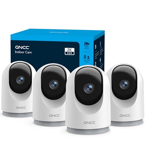 GNCC 2K Security Cameras 4pcs, caméra de sécurité intérieure avec détection de mouvement à 360° pour animaux/bébé/chien, audio bidirectionnel, vision nocturne, stockage SD 24/7, stockage cloud, compatible avec Alexa